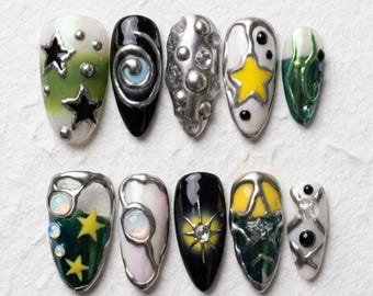 Silver Cyberpunk Press On Nails: Galactic Alien Star Summer Style Prep Set
