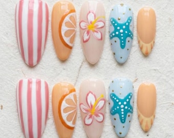 Summer Beach Press On Nails: Tropical Citrus Starfish Summer Style Prep Set