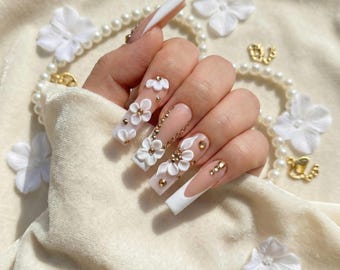 Luxury 3D White Flower Press On Nails: Gold Studded French Long Square Set
