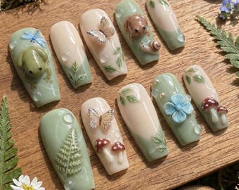 Luxury 3D Frog & Mushroom Press On Nails: Forest Moss Green Fairycore Nail Set