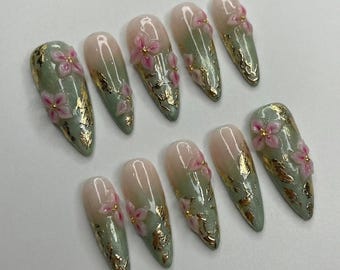 Luxury Sage Green Press On Nails: 3D Pink Floral Gold Foil Reusable Stiletto Set
