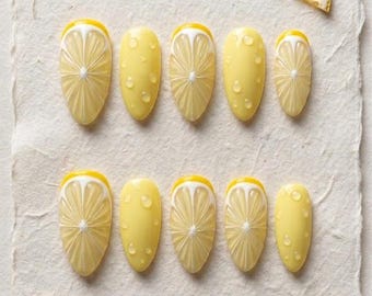 Juicy Lemon Press On Nails: Hyper-Realistic 3D Citrus Slice Dewdrop Yellow Set