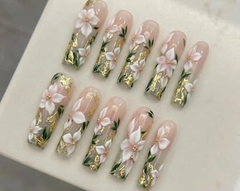 3D White Floral Press On Nails: Luxury Gold Leaf Garden Romantic Gift for Her