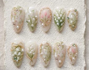 Lily of the Valley Press On Nails: 3D Flower Gold Summer Style Prep Set