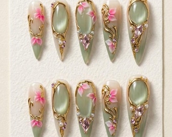 Jade Cat Eye Press On Nails: Pink Blossom Luxury Summer Style Prep Gift Set
