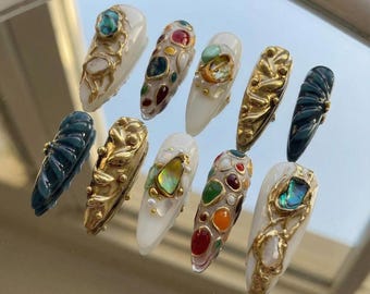 Luxury 3D Mosaic Stone Press On Nails: Bohemian Gold Jewelry Stiletto Nail Set
