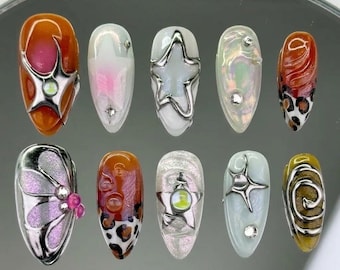 Y2K Cyberpunk Press On Nails: 3D Metallic Star Leopard Print False Nails