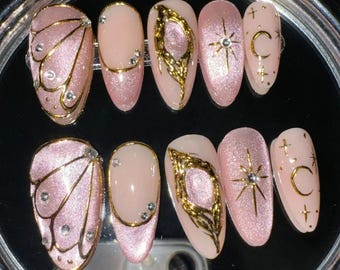 Celestial Pink Gold Press On Nails: Handmade Summer Cat Eye Luxury Mystic Nail Set