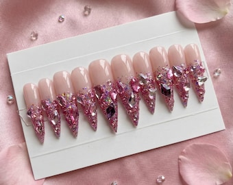 Valentines Pink Crystal Press On Nails, Barbie Bling Rhinestone Nails