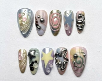 Y2K Cyberpunk Press On Nails: 3D Metallic Star Pastel Swirl False Nails