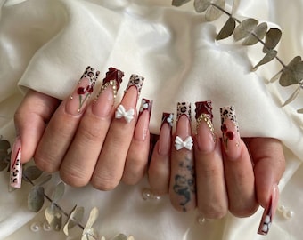 Coquette Leopard & Cherry Press On Nails: 3D Bow Luxury Long Square Set