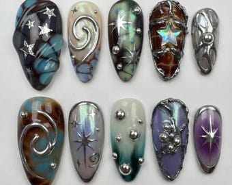 Glass Y2K Grunge Press On Nails: Custom Fantasy Chrome Galaxy Star Set