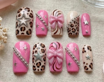 Pink Leopard Y2K Press On Nails: Bow Star Bling Gyaru Kawaii Nail Set