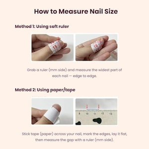 K&ouml;nnte beinhalten: Bild mit zwei Methoden zur Messung der Nagelgr&ouml;&szlig;e. Methode 1: Messen mit einem weichen Lineal. Methode 2: Verwenden von Papier/Klebeband. Der Text lautet: So messen Sie die Nagelgr&ouml;&szlig;e.