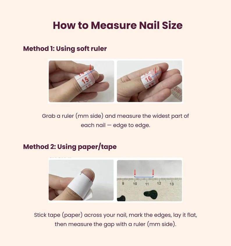 K&ouml;nnte beinhalten: Bild mit zwei Methoden zur Messung der Nagelgr&ouml;&szlig;e. Methode 1: Messen mit einem weichen Lineal. Methode 2: Verwenden von Papier/Klebeband. Der Text lautet: So messen Sie die Nagelgr&ouml;&szlig;e.