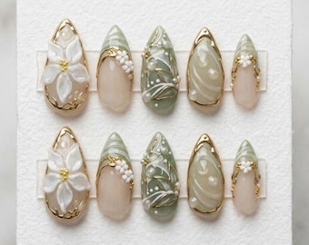 Royal Sage Floral Press On Nails: 3D White Flower Gold Summer Style Prep Set