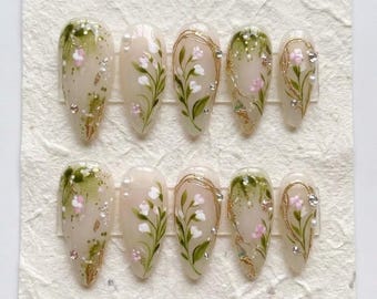 Lily of the Valley Floral Press On Nails: Botanical Gold Foil Spring Style Prep