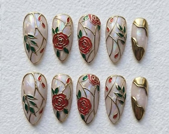 Stained Glass Rose Press On Nails: Red Flower Gold Outline Unique Elegant Gift