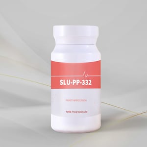 May include: A white supplement bottle with a red band displaying the text "SLU-PP-332" and a heartbeat graphic. Below the band, the text reads "Purity & Precision" and "1000 mcg/capsule". The bottle has a white cap.