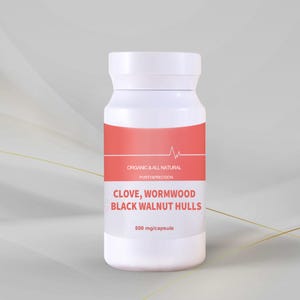以下が含まれることがあります： 「CLOVE, WORMWOOD BLACK WALNUT HULLS」と「500 mg/capsule」の文字が入った赤い帯が付いた白いサプリメントボトル。「ORGANIC & ALL NATURAL」と「PURITY&PRECISION」の文字も表示されています。