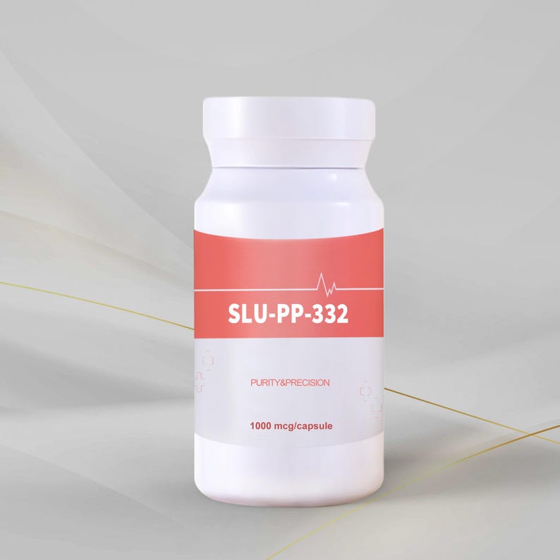 May include: A white supplement bottle with a red band displaying the text "SLU-PP-332" and a heartbeat graphic. Below the band, the text reads "Purity & Precision" and "1000 mcg/capsule". The bottle has a white cap.