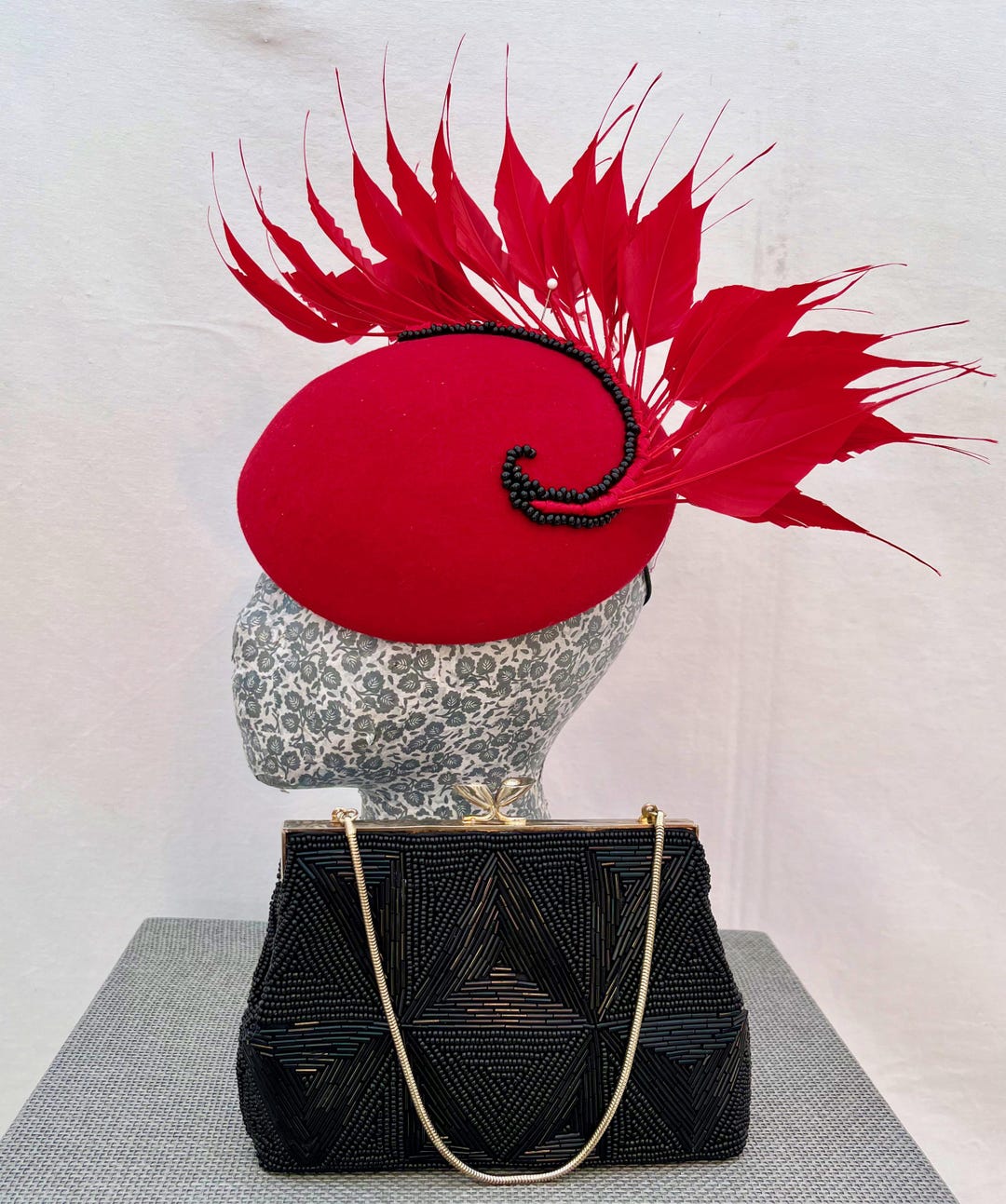 Red Button Hat With Crescent of Red Spiky Feathers and Vintage Black ...