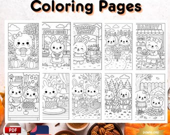 Kawaii Fall Coloring Book: Girly Autumn Animals (PDF & PNG)