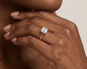 Anello di fidanzamento con diamante sintetico Asscher da 3 carati certificato IGI, incastonatura a griffe piatte in oro rosa 14 carati, elegante gioiello da sposa, anello minimalista per la sposa.