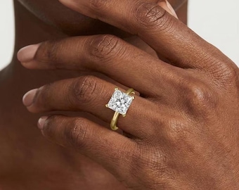 IGI Certified 3ct Princess Lab Grown Diamond Engagement Ring, 10K Yellow Gold Flat Prong Setting, Luxury Design, Sparkle Bridal Jewelry Gift