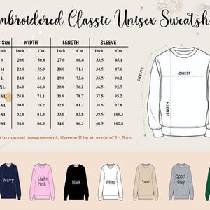 Puede incluir: Una tabla de tallas para una sudadera unisex cl&aacute;sica bordada con un dibujo lineal de una sudadera de cuello redondo, que muestra las medidas de pecho, largo y manga en pulgadas y cent&iacute;metros para las tallas S a 5XL, adem&aacute;s de muestras de color.