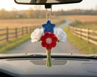 CUSTOM Crochet Patriotic Flower Car Hanging, 4th of July Rearview Mirror Decor, Red White Blue Floral Ornament, American Gift Y-25042612C