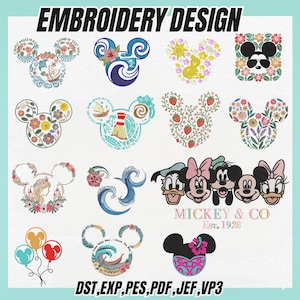 May include: A selection of embroidery designs showcasing Mickey Mouse silhouettes with diverse themes, such as floral arrangements, waves, and characters. The designs are available in multiple file formats, with the text "EMBROIDERY DESIGN" at the top and "MICKEY & CO Est. 1928" at the bottom.