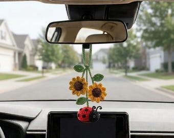 Multiple Crochet Car Hanging Accessories Ladybird Bumble Bee Rear View Mirror Charm Handmade Flower Plant New Car Gift for Her Y-14052612C1