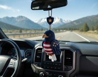 Crochet Patriotic Eagle Car Charm, American Flag Bird Mirror Hanging, 4th of July Car Decor, USA Eagle Gift Y-14042610C