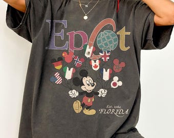 Koszulka retro Disney Epcot Comfort Colors, koszulka Epcot Mickey Flags of Nations Vintage 90's Style WDW, rodzinna wycieczka do Disneylandu