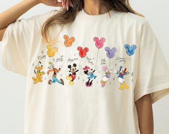 Retro Mickey and Friends Signatures Balloon Shirt, Magical Shirt, Disney Characters Tee, Disney Mouse Head Tee, Mickey & Co Gift, Disney Tee