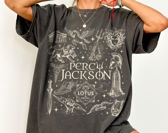 Percy Jackson Olympians Symbols Shirt, Lotus Hotel Medusa Tee, Camp Half Blood Shirt, Greek Mythology Demigods Tee, Bookish Reader Gift