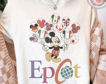 Koszulka Epcot z Myszką Miki i flagami narodów w stylu vintage z lat 90. Koszulka WDW Comfort Colors, koszulka Disney Epcot World Tour, rodzinna wycieczka do Disneylandu