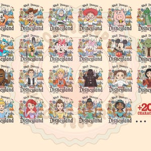 May include: A collection of colorful Disneyland-themed designs featuring various Disney characters. Each design includes the Disneyland logo and the text "Est 1955". The designs showcase characters like Mickey Mouse, Darth Vader, and princesses.