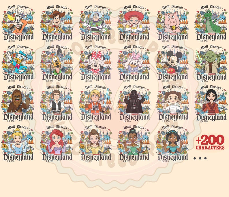 May include: A collection of colorful Disneyland-themed designs featuring various Disney characters. Each design includes the Disneyland logo and the text "Est 1955". The designs showcase characters like Mickey Mouse, Darth Vader, and princesses.