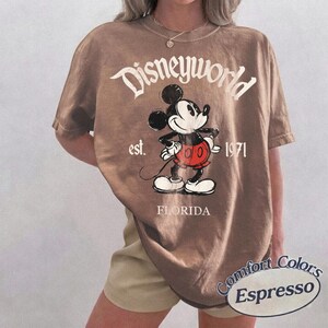 May include: Brown t-shirt with a graphic of Mickey Mouse and the text "Disneyworld est. 1971 Florida." The shirt is a Comfort Colors Espresso color.