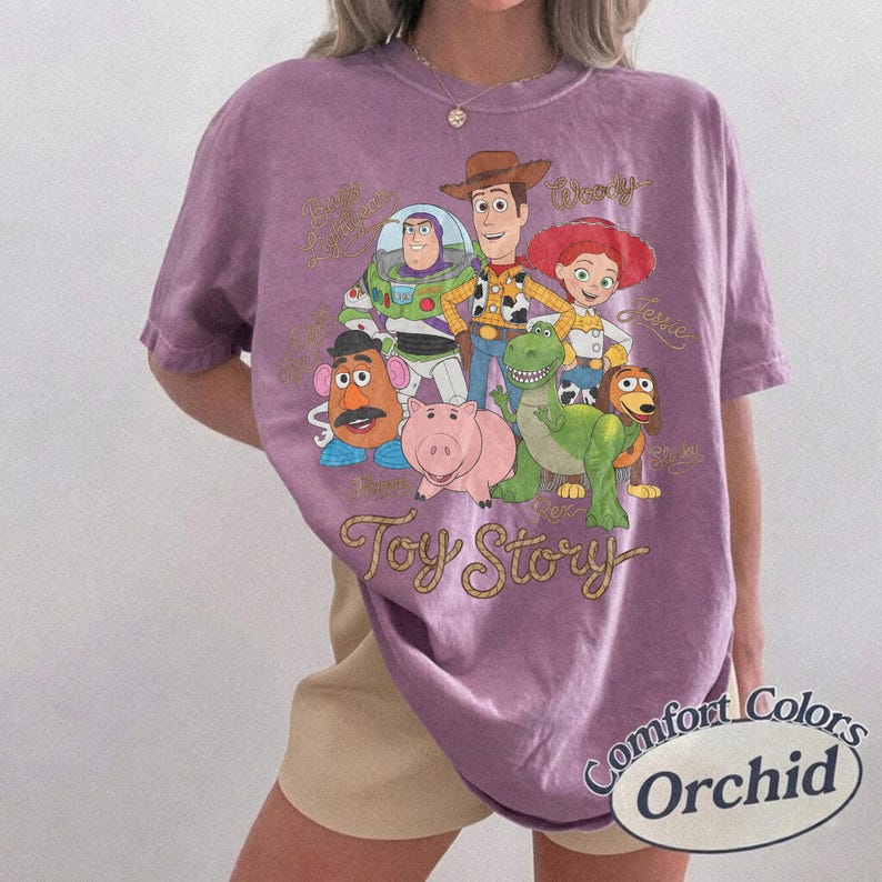 May include: A mauve short-sleeve t-shirt featuring a graphic print of Toy Story characters including Woody, Buzz Lightyear, Jessie, Mr. Potato Head, Hamm, Rex, and Slinky Dog. The text Toy Story is printed in a cursive font below the characters.