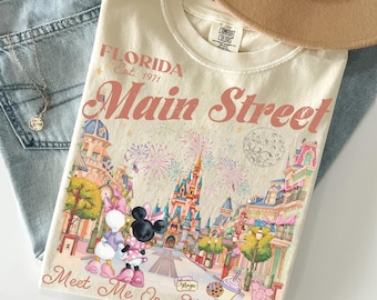 Vintage Meet Me On Main Street Comfort Colors Shirts, Retro Minnie And Daisy Besties Tee, Magic Kingdom Castle Tee, Disney Girls Trip Gift