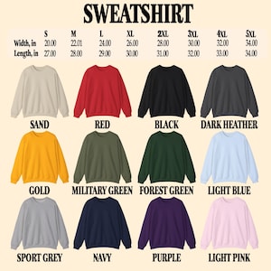 Puede incluir: Una colecci&oacute;n de sudaderas de cuello redondo en varios colores, incluyendo arena, rojo, negro y gris oscuro. Las tallas van de la S a la 5XL, con anchos de 50,8 a 86,36 cm y largos de 68,58 a 86,36 cm. Colores adicionales: oro, verde militar, verde bosque, azul claro, gris deportivo, marino, morado y rosa claro.