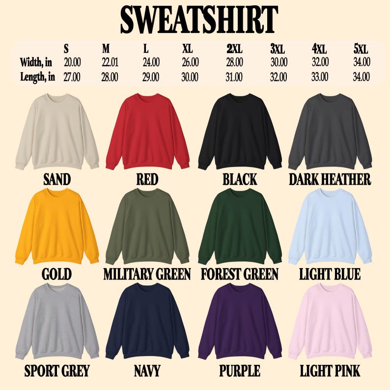 Puede incluir: Una colecci&oacute;n de sudaderas de cuello redondo en varios colores, incluyendo arena, rojo, negro y gris oscuro. Las tallas van de la S a la 5XL, con anchos de 50,8 a 86,36 cm y largos de 68,58 a 86,36 cm. Colores adicionales: oro, verde militar, verde bosque, azul claro, gris deportivo, marino, morado y rosa claro.