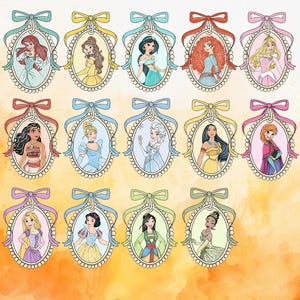 May include: Fifteen oval portraits of animated princesses, each framed with a decorative border and a ribbon bow. The princesses are depicted in their signature outfits, with a variety of hairstyles and skin tones. The background is a gradient of yellow and orange.