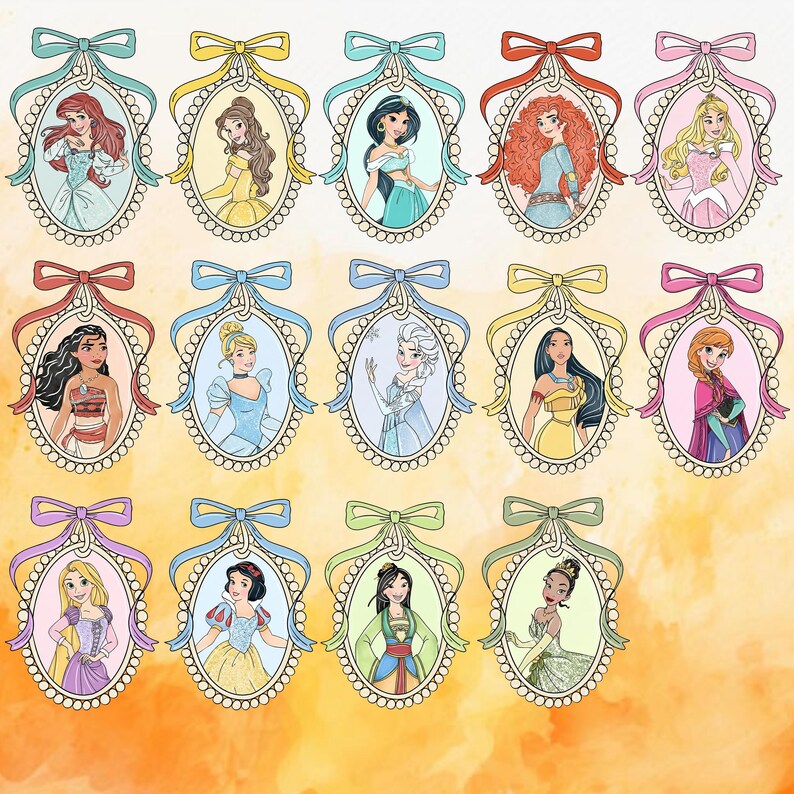 May include: Fifteen oval portraits of animated princesses, each framed with a decorative border and a ribbon bow. The princesses are depicted in their signature outfits, with a variety of hairstyles and skin tones. The background is a gradient of yellow and orange.
