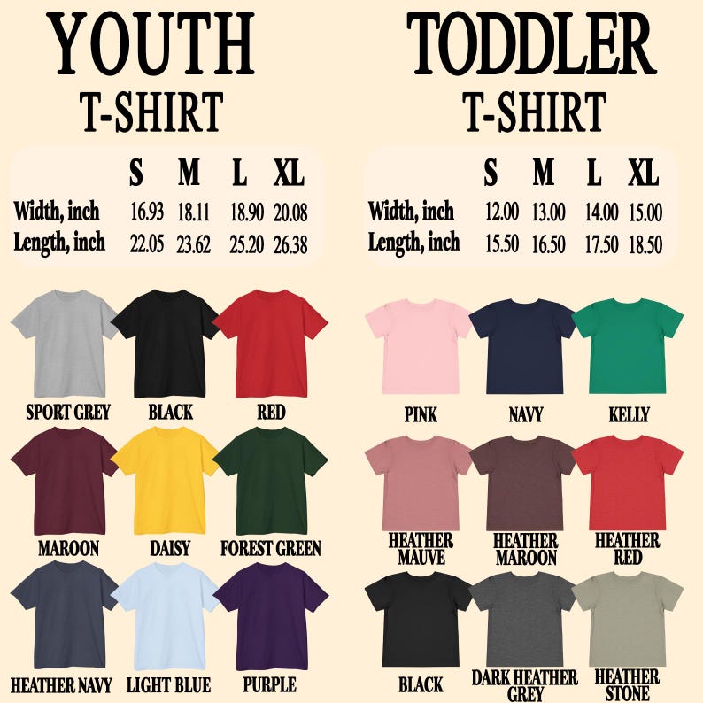 Puede incluir: Imagen de camisetas para j&oacute;venes y ni&ntilde;os peque&ntilde;os en varios colores, como gris deportivo, negro, rojo, rosa, azul marino y verde Kelly. Se incluyen tablas de tallas con medidas en cm para ancho y largo.