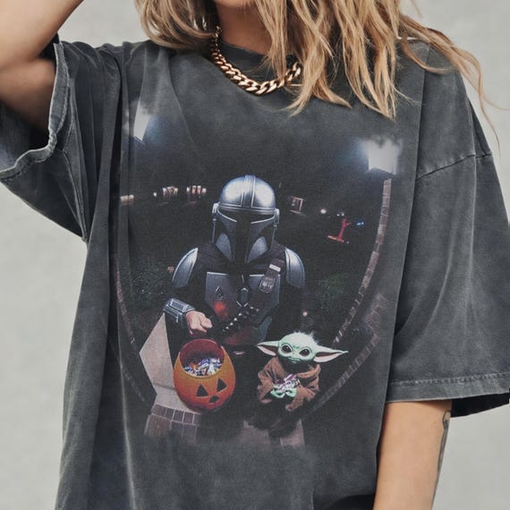 Vintage Star Wars Halloween Shirt, Mando & Baby Yoda Gildan Youth Tee, Disney Meme Graphic Tee, Hip Hop Trip Wear, Star Wars Gift