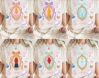 Camiseta de colores cómodos con personajes de princesas Disney de Coquette Bows, camiseta de viaje de princesas Disney, Cenicienta, Blancanieves, Ariel, viaje de Disney para niñas
